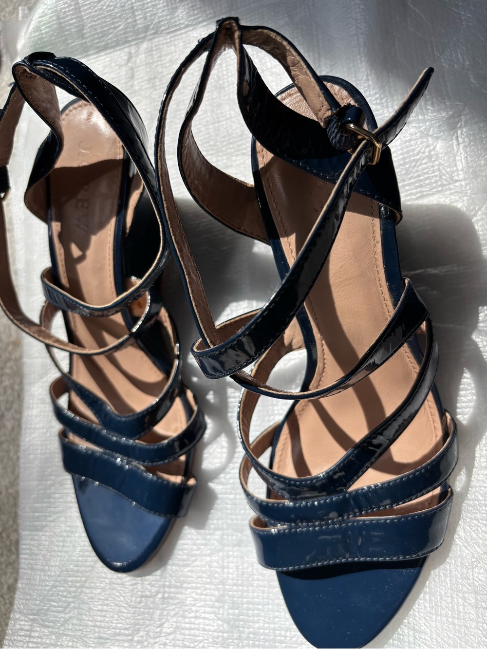 J. Crew Navy Patent Wedge Sandals with Strappy Slingback